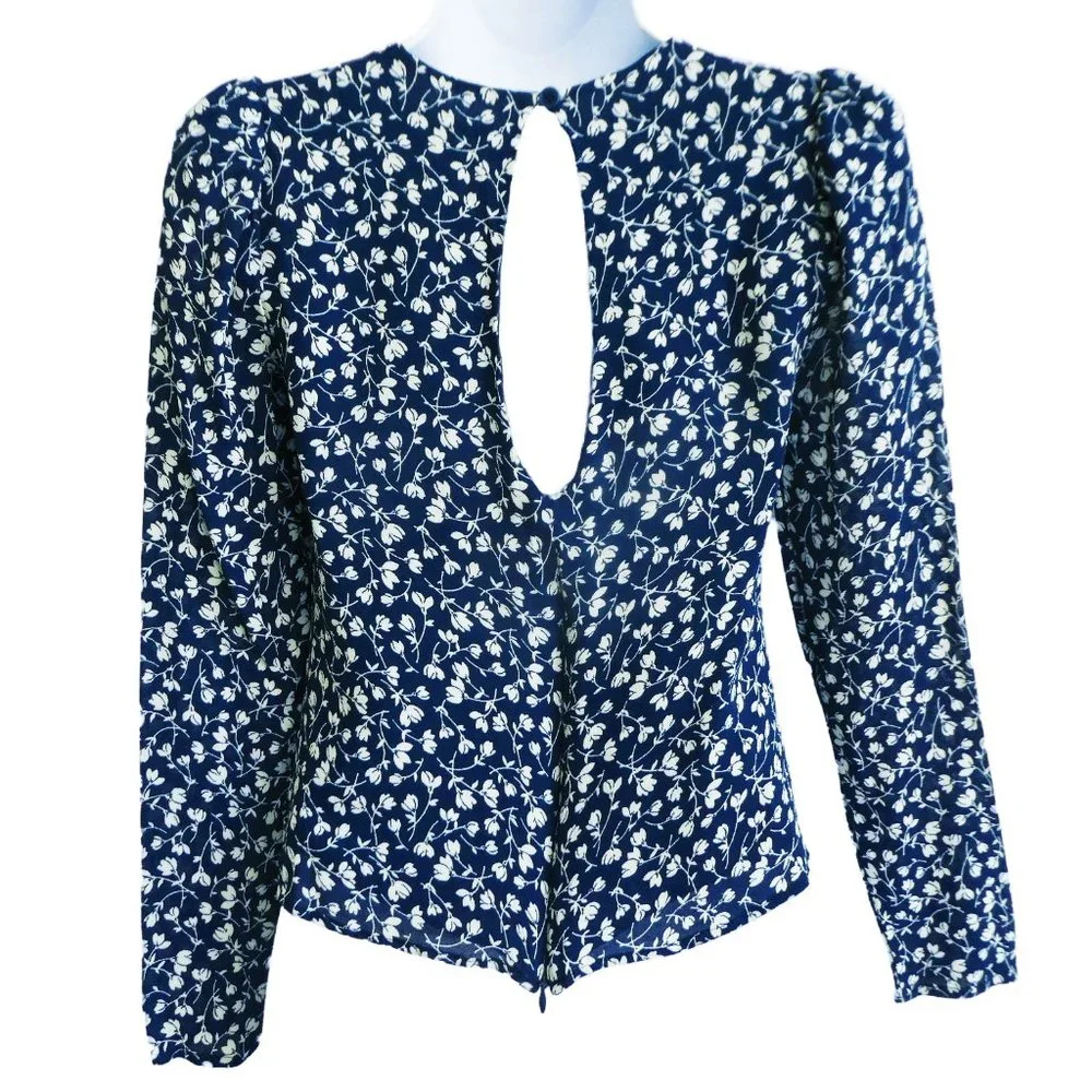 Reformation USA Floral Puff Long Sleeve Top Cutout Keyhole Button Zipper Back XS
